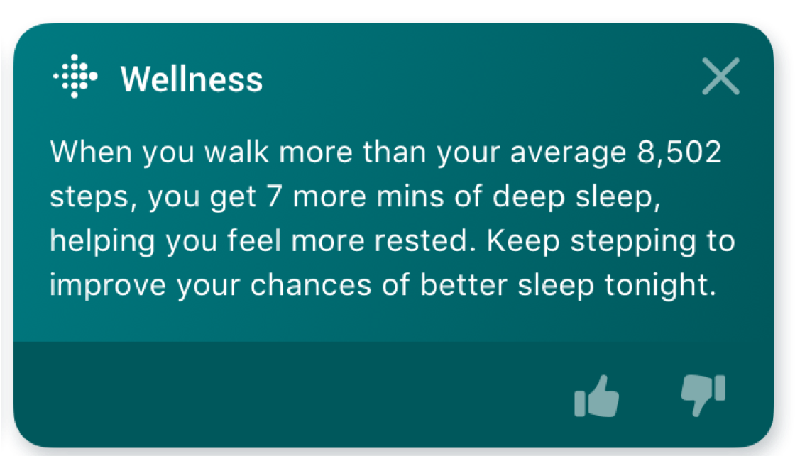 Example of an insight in the Fitbit app that reads: Wellness: When you walk more than your average 8,502 steps, you get 7 more mins of deep sleep, helping you feel more rested. Keep stepping to improve your chances of better sleep tonight.